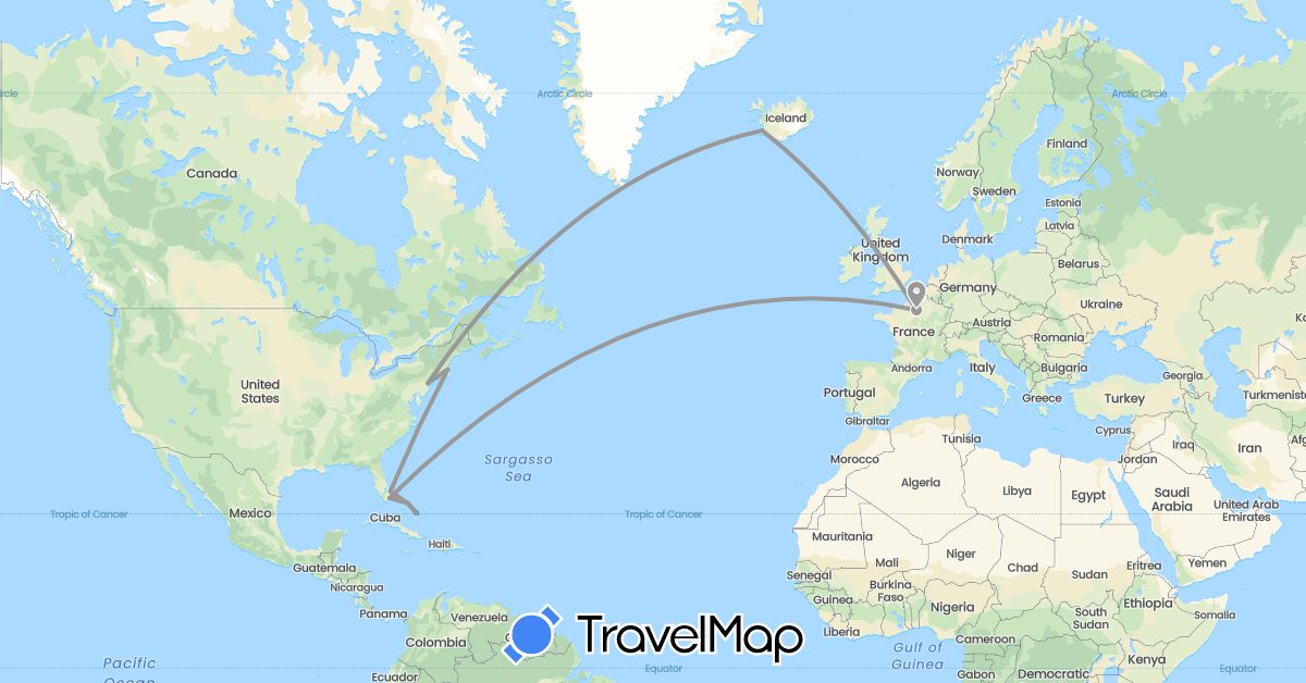 TravelMap itinerary: driving, plane, boat in Bahamas, France, Iceland, United States (Europe, North America)